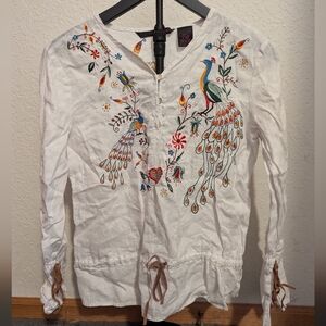 Ladies Willi Smith 100 Percent Linen Peacock Long Sleeve Top Size Large